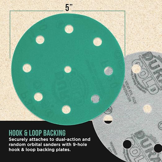 Dura-Gold Premium 320 Grit 5" Green Film Sanding Discs, 9-Hole Pattern - Image 3