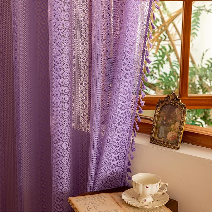 Sutuo Home Lavendar Boho Lace Curtains 96 inches 2 Panels Long - Image 7