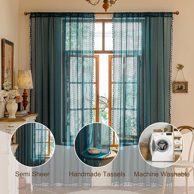 Sutuo Home Teal Boho Lace Curtains 72 inches long - Image 5
