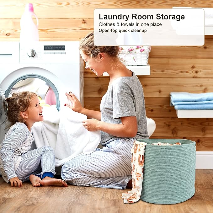 XUANGUO Cotton Rope Basket For Girls Boys Kids 16”X14” green | Baby Laundry - Image 4