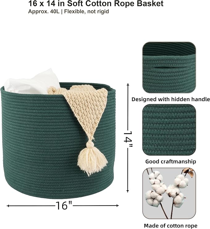 XUANGUO Cotton Rope Basket For Girls Boys Kids 16”X14” dark green | Baby - Image 2