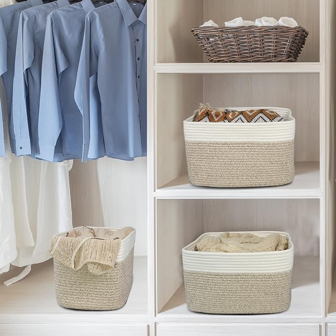 XUANGUO Woven Cotton Rope Storage Baskets 15x10x9.3" 3 Pack White and Brown | - Image 5