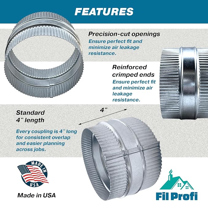 Inside-Fit. 5 Inch Diameter. Round Duct Coupling Sleeve, Galvanized Steel — - Image 5