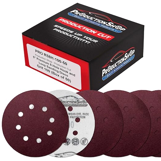 ProductionShop Premium 5" Red 8-Hole Pattern 100 Grit Sanding Discs, Box of 50 by ProductionShop