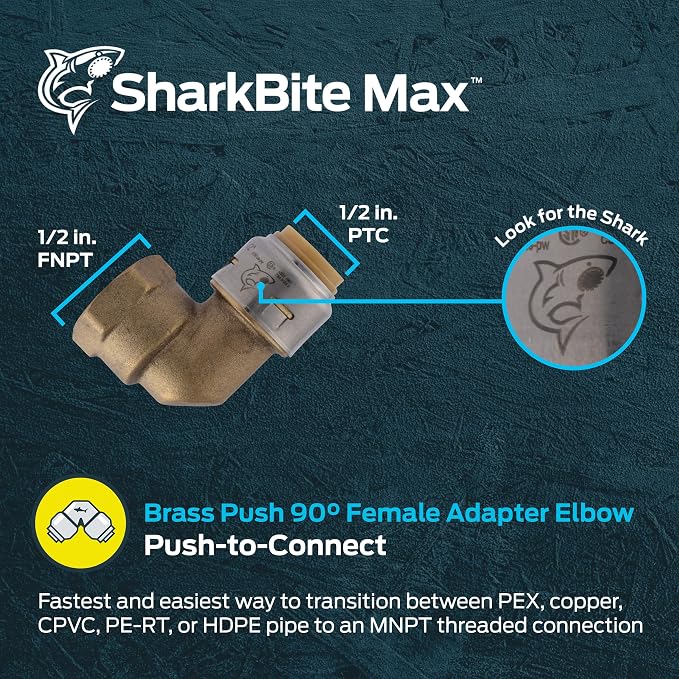 SharkBite Max 1/2 Inch x 1/2 Inch 90 Degree Female Adapter Elbow, Push to - Image 2