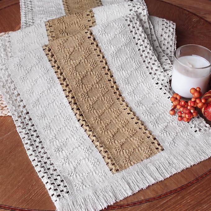 Boho Table Runner for Fall Home Decor 12x72 Burlap by FEXIA