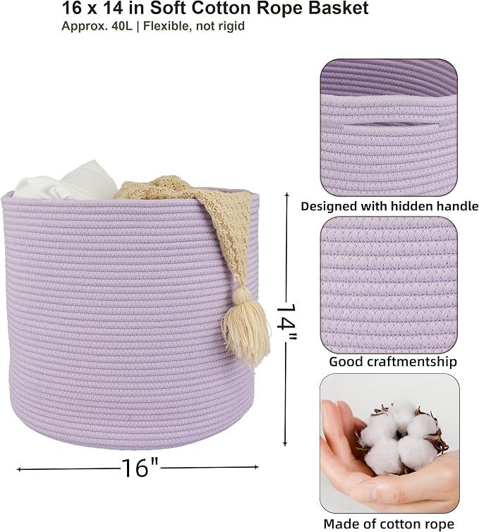 XUANGUO Cotton Rope Basket For Girls Boys Kids 16”X14” purple | Baby Laundry - Image 2
