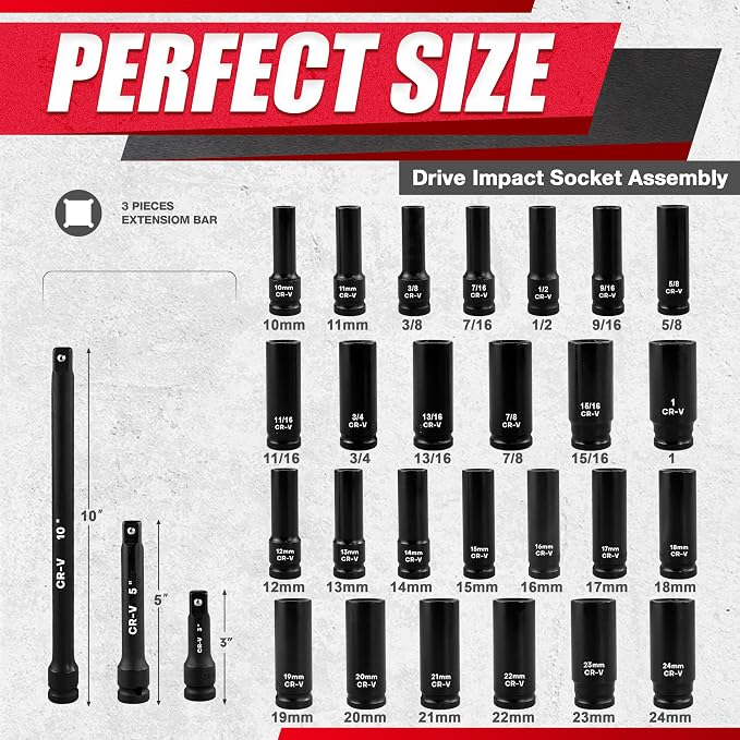 29pcs 1/2" Socket Set, Drive Deep Impact Socket Set, Including 3 ", Standard - Image 5