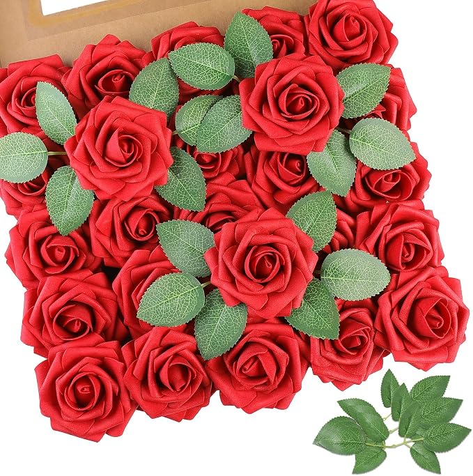 AmyHomie Red Rose 100pcs Real Looking Artificial Flowers w/Stem | Bouquet by AmyHomie