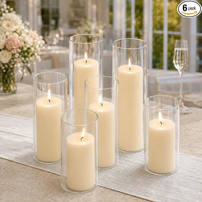 Set of 6 Pillar Candles with Clear Glass Hurricane Holders- Elegant Cylinder by NATCENSE