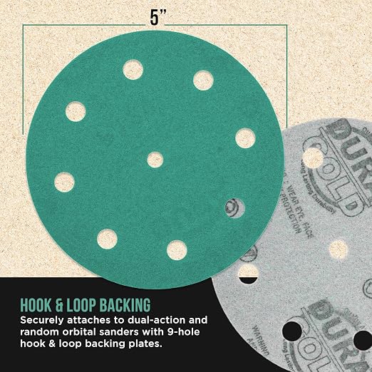 Dura-Gold Premium 100 Grit 5" Green Film Sanding Discs, 9-Hole Pattern - Image 3