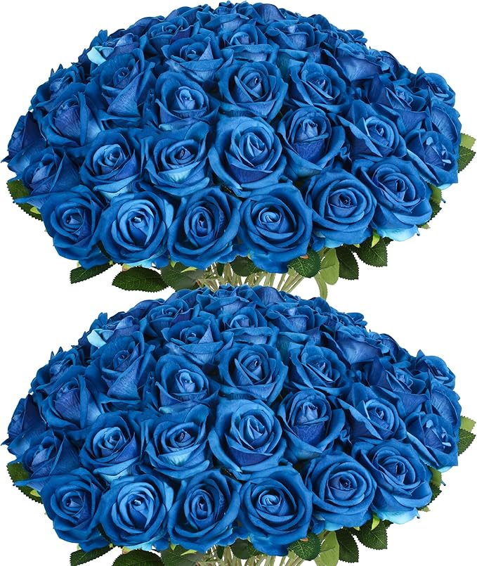 50 PCS Fake Blue Roses, Artificial Blue Flowers, Realistic Silk Faux Roses | by Jefuzh