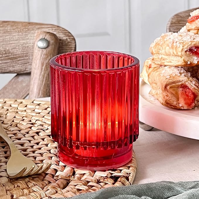 Kate Aspen Vintage Ribbed Red Glass Candle Holders Set of 6 - Image 2
