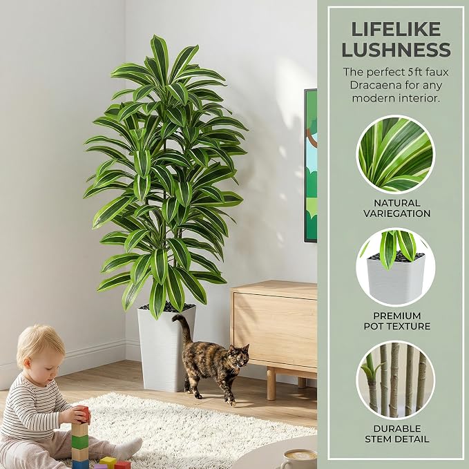 Artificial Dracaena Tree: 5FT Fake Plants Silk Faux Trees（White Pot） | - Image 5