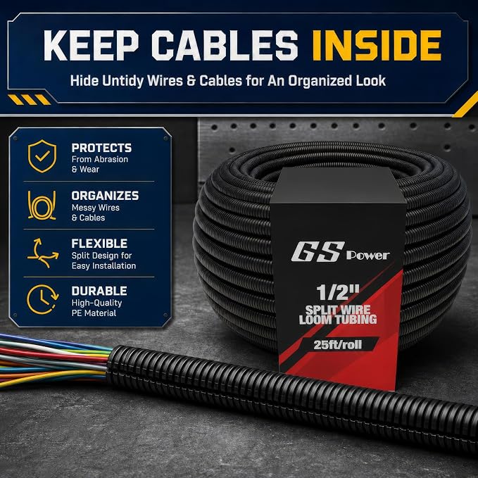 GS Power 1/2 Inch x 25ft Split Wire Loom Tubing, Split Cable Sleeve Cord - Image 9