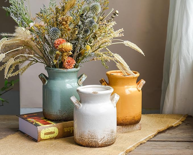Quoowiit Ceramic Rustic Farmhouse Vase, Distressed Decorative Flower Vases - Image 6