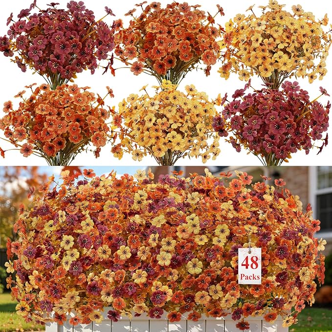 Alupssuc 48 Bundles Artificial Fall Flowers, UV Resistant Faux Mums Porch | by Alupssuc