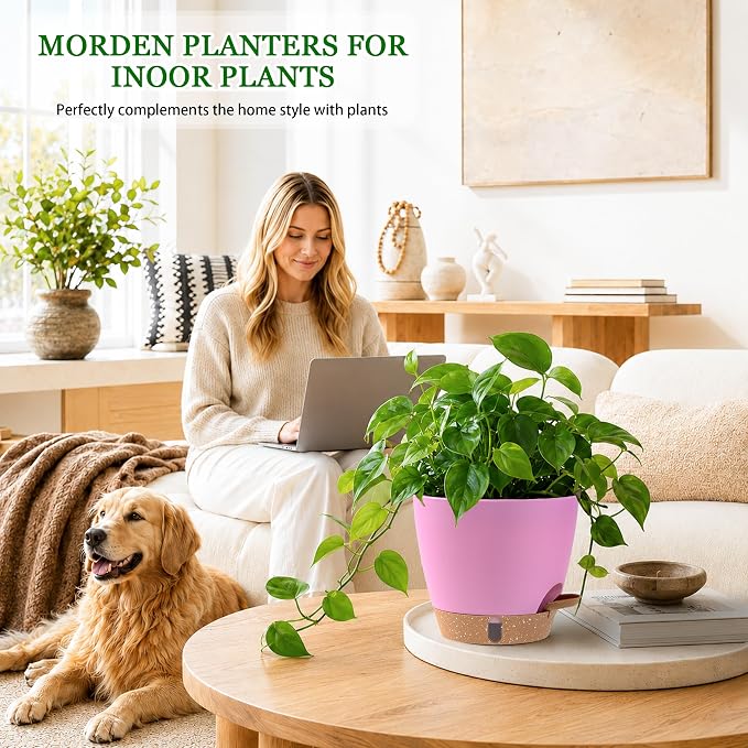Self Watering Pots for Inoor Ourdoor Plants 8/7/6.5/6/5 Inch, 5 Pack | Plastic - Image 2