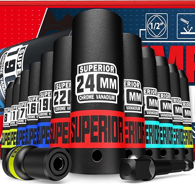 14 Piece 1/2" Drive Impact Socket Set, 8 mm - 24 mm Deep Socket by Aiourx