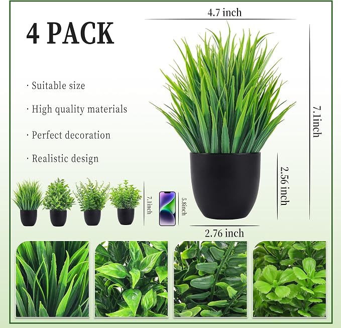 Der Rose 4 Pack Small Fake Plants in Black Pots, Bathroom Office Decor | - Image 3
