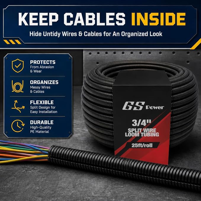GS Power 3/4 Inch x 25 Ft Split Wire Loom Tubing, Split Cable Sleeve Cord - Image 9