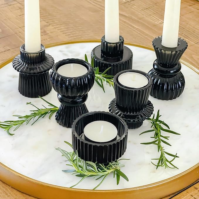 Kate Aspen Vintage Ribbed Glass Black Candlestick Holders, Pillar Candle by KateAspen