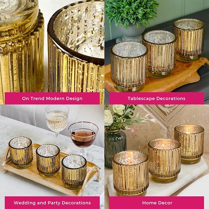 Kate Aspen Gold Votive Candle Holders-Vintage Ribbed Glass Candle Holder Set of - Image 5