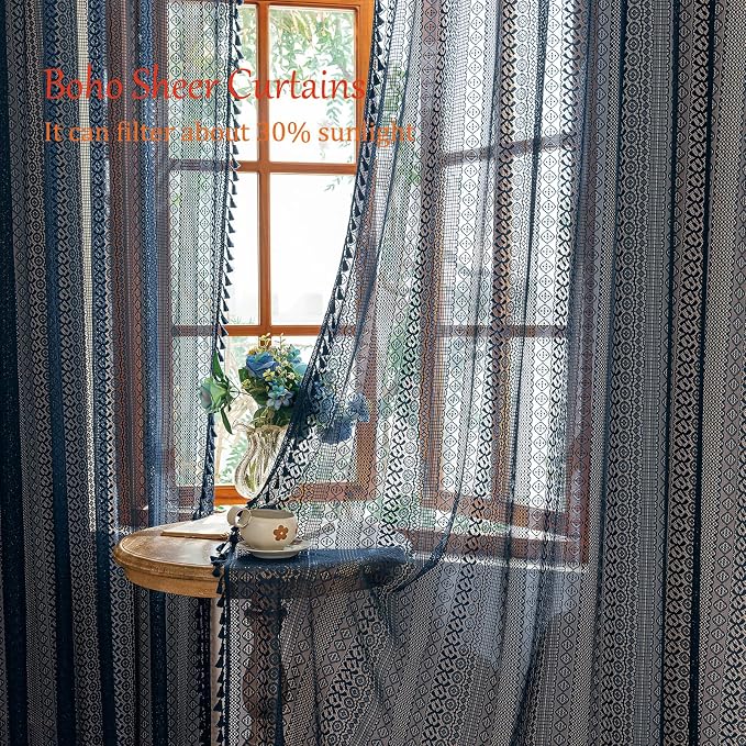Sutuo Home Navy Blue Boho Curtains 2 Panels 84 Inches Long - Image 4