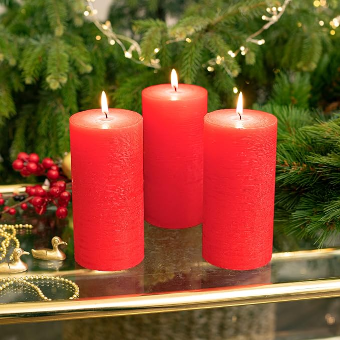 Assorted 3x3, 3x8 Inch Red Pillar Candles Set of 3 - Image 6