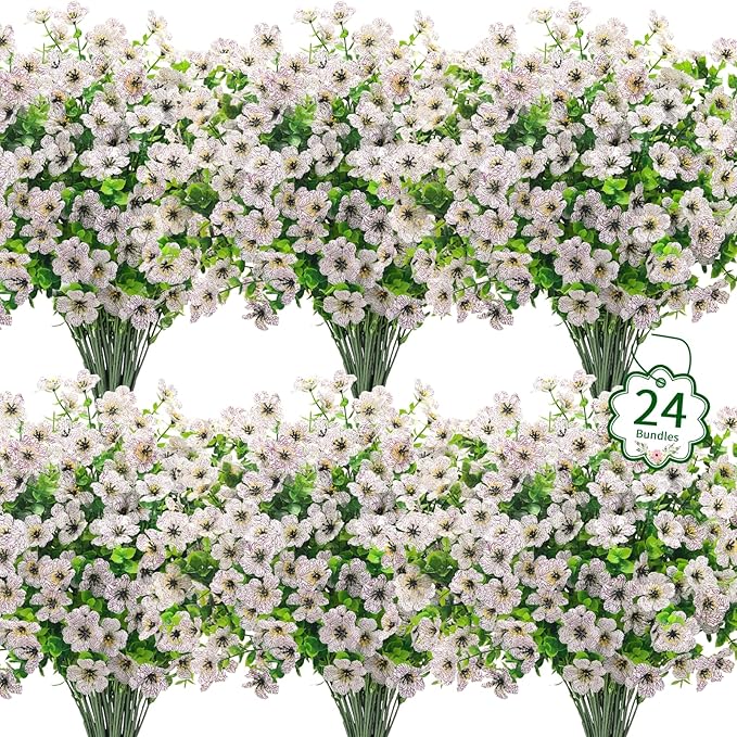 24 Pcs Artificial Flowers for Outdoors Decorations, UV resistant, faux plastic by OuddyDecor