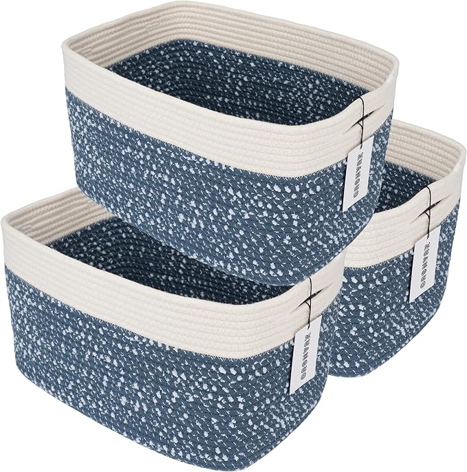 XUANGUO Woven Cotton Rope Storage Baskets 15x10x9.3" 3 Pack White and Blue | by XUANGUO