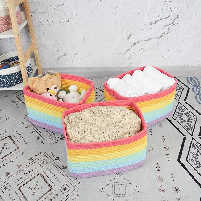 XUANGUO Woven Cotton Rope Storage Baskets 15x10x9.3" 3 Pack Rainbow | Colorful - Image 6