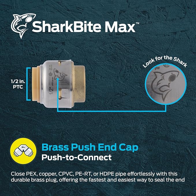 SharkBite Max 1/2 Inch Push Cap, Push to Connect Brass Plumbing Fitting - Image 2