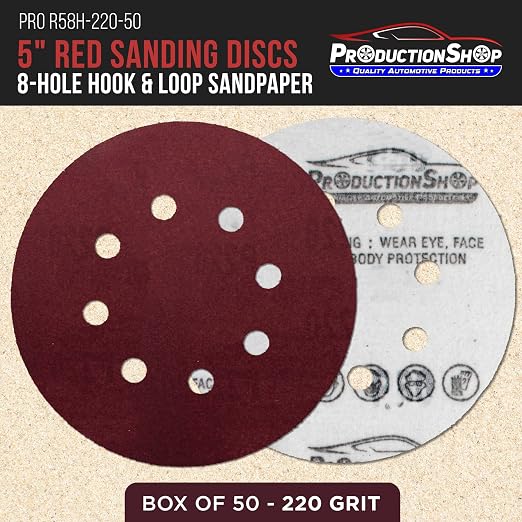 ProductionShop Premium 5" Red 8-Hole Pattern 220 Grit Sanding Discs, Box of 50 - Image 2