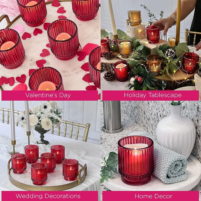 Kate Aspen Vintage Ribbed Red Glass Candle Holders Set of 6 - Image 5