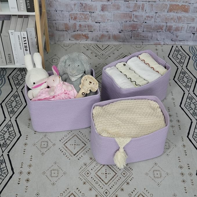 XUANGUO Woven Cotton Rope Storage Baskets 15x10x9.3" 3 Pack Purple Lavender | - Image 5