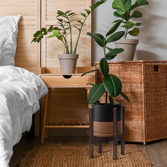D'vine Dev Ceramic Pot with Walnut Wood Stand, 8 in, 55-B-Y-7 | Mid-Century - Image 4