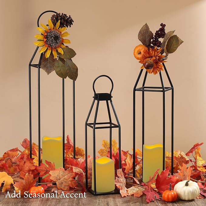 Perfnique Set of 3 Black Metal Lanterns w/ Waterproof Flickering Flameless - Image 9