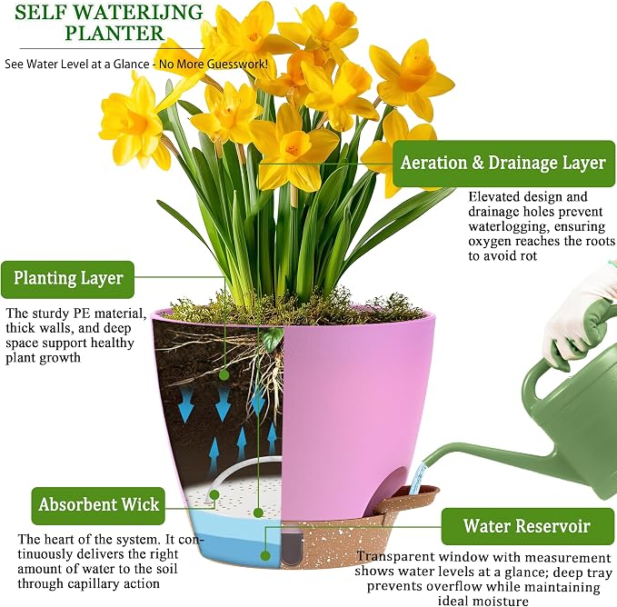 Self Watering Pots for Inoor Ourdoor Plants 10/9/8/7/6.5 Inch, 5 Pack | Plastic - Image 3