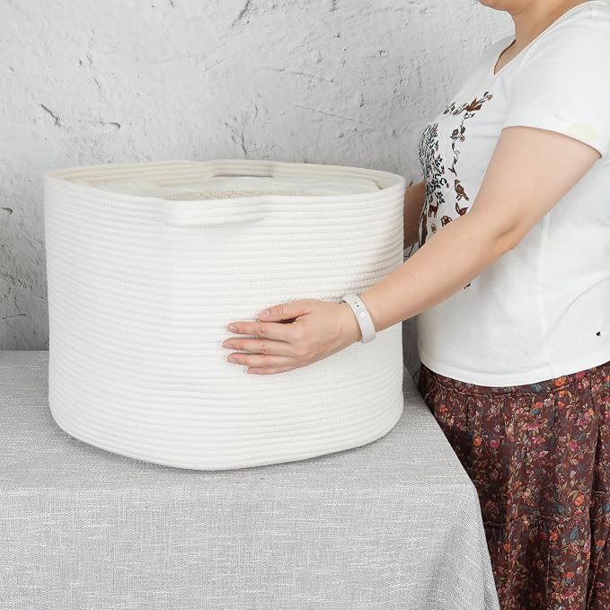 XUANGUO Extra Large Cotton Rope Round Storage Basket 22" x 14" White | Woven - Image 3