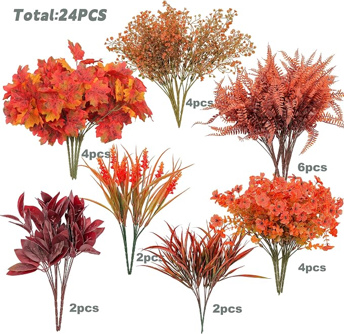 24PCS Artificial Fall Flowers Outdoors, Faux Maples & Mums - Image 2