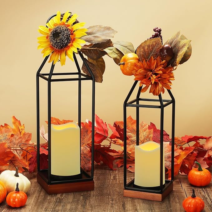 Perfnique Metal Lanterns w/ Pine Wood, Modern Farmhouse Candle Holder - Image 8