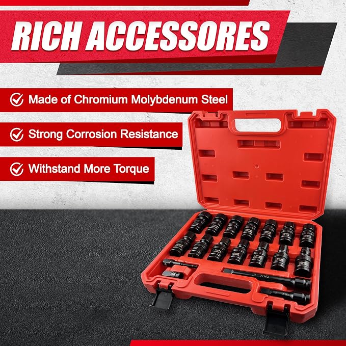 18PCS 1/2" Drive Shallow Universal Impact Socket Set, Swivel Socket Set - Image 3