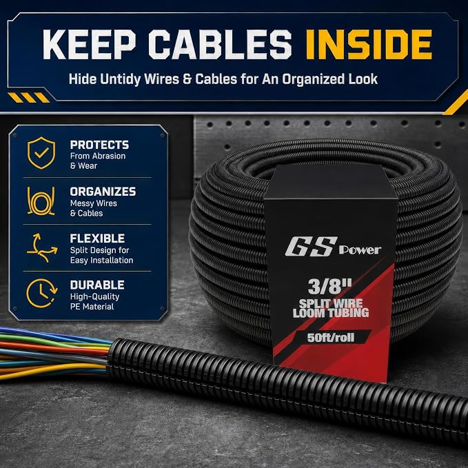 GS Power 3/8 Inch x 50 Ft Split Wire Loom Tubing, Split Cable Sleeve Cord - Image 9