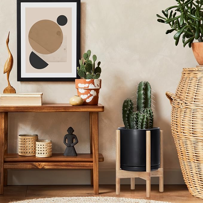 D'vine Dev Ceramic Pot with Natural Wood Stand, 10 in, 55-B-K-2 | Mid-Century - Image 6