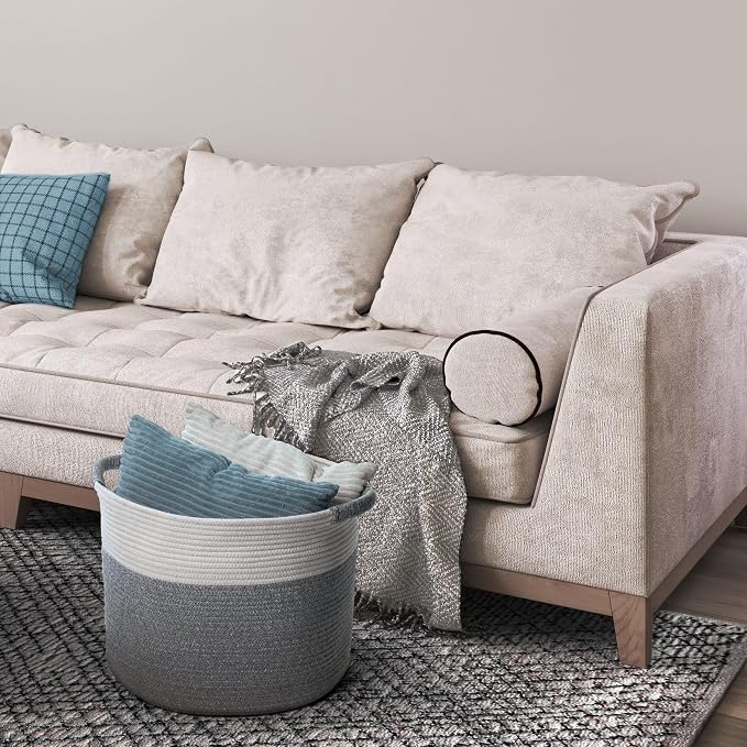 Blanket Basket for Living Room, Woven Rope Storage Basket | 16"D x 14"H | White - Image 7