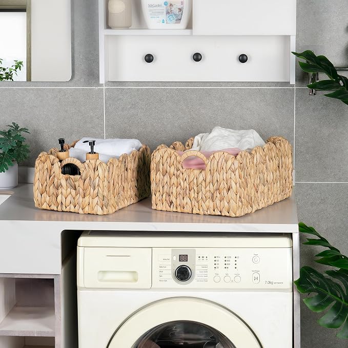 iEGrow Scalloped Wicker Basket, Rectangle Storage Baskets - Image 4