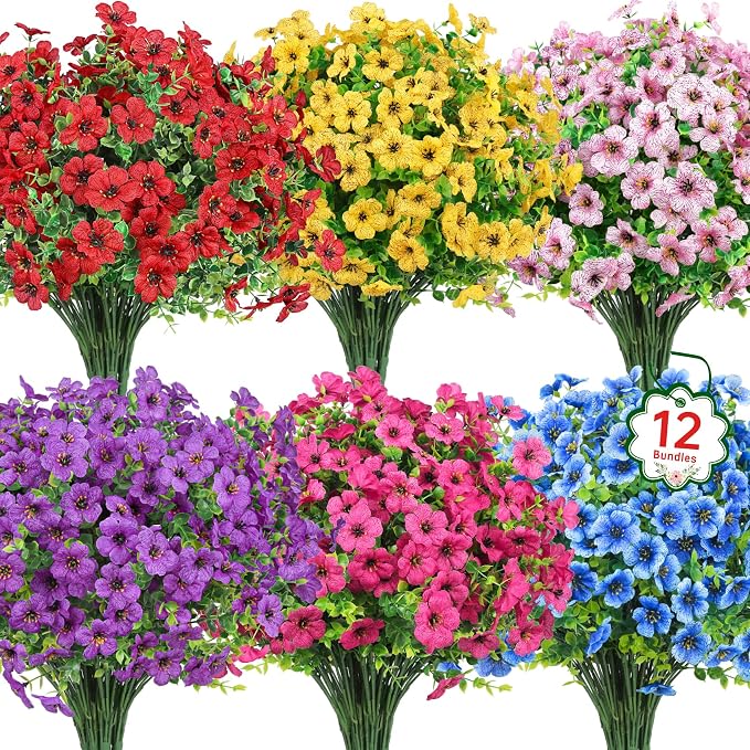12 Pcs Artificial Flowers for Outdoors Decorations, UV resistant, faux plastic by OuddyDecor