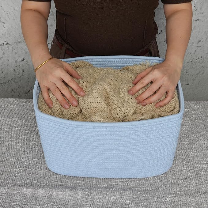 XUANGUO Woven Cotton Rope Storage Baskets 15x10x9.3" 3 Pack Light Blue | - Image 3
