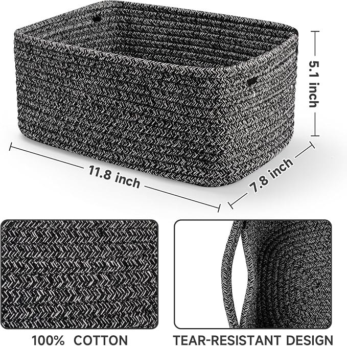 3 Pack Small Storage Baskets for Organizing, 11.8×7.8×5.1", Mixed Black | Woven - Image 2